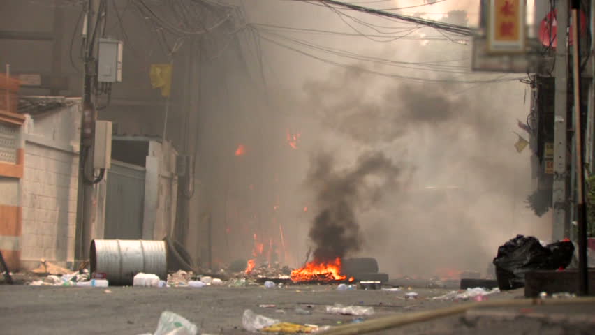 Burning City Street during riots, Bangkok, April 2010
