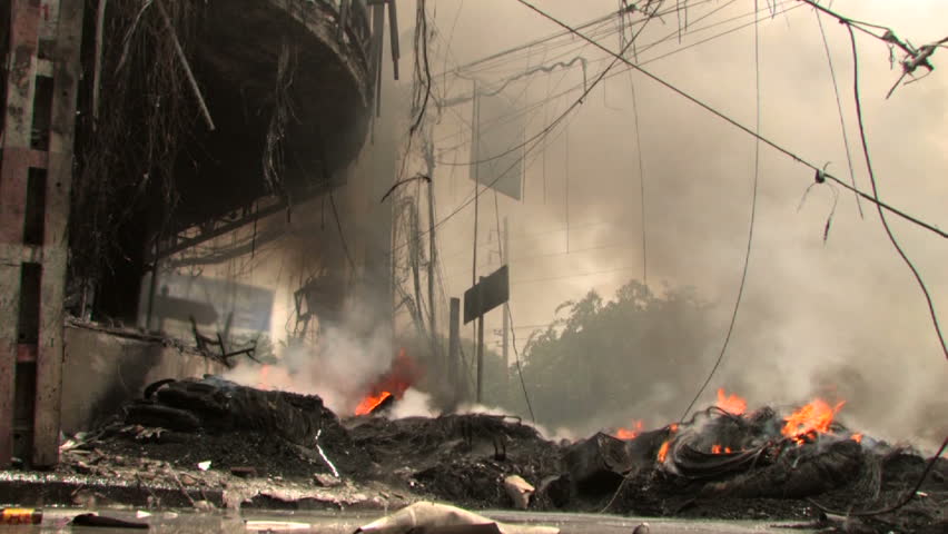 Burning City Street during riots, Bangkok, April 2010