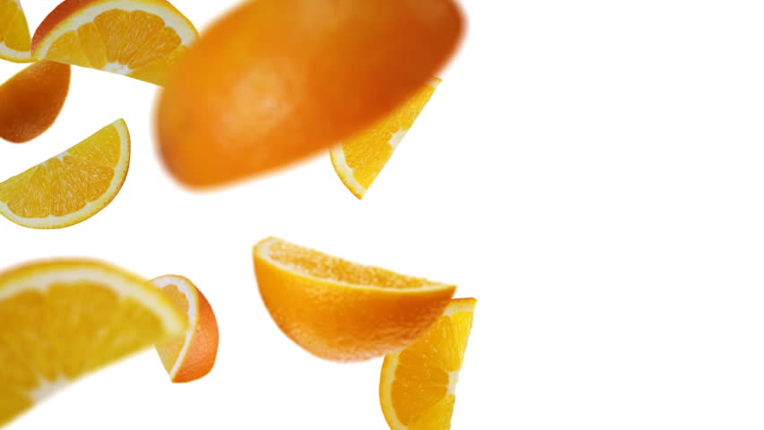 Falling Quarters of orange in the studio. Alpha channel.