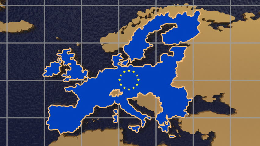 HD digital animation starts with zoom out from European Union map textured with flag to folding globe spinning