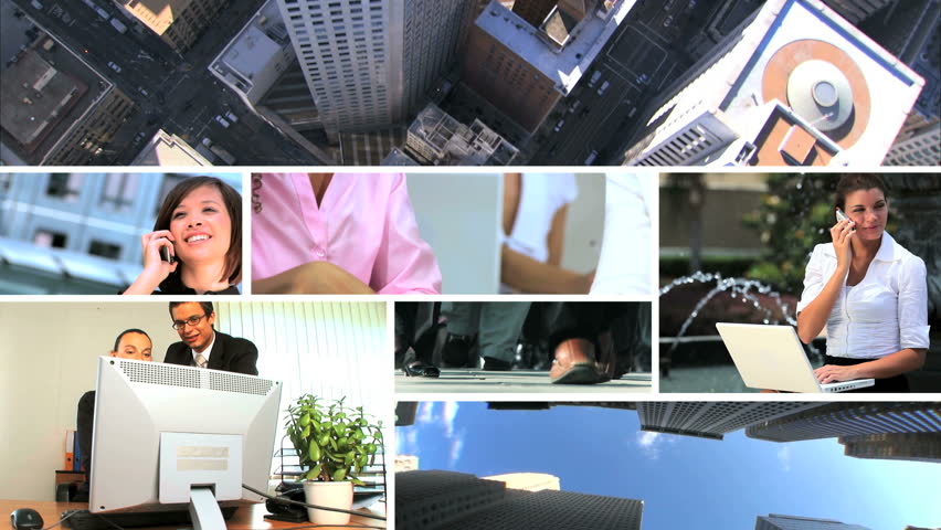 Montage collection of people conducting & sealing business deals with aerial views of city office skyscrapers 