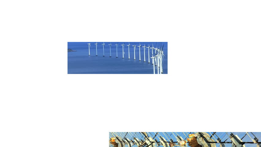 Montage collection of wind turbines & solar panels producing clean sustainable energy during the day & sunset