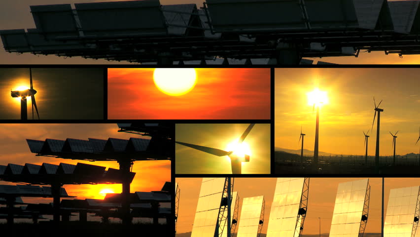 Montage sunset collection of wind turbines & solar panels producing clean  sustainable energy 
