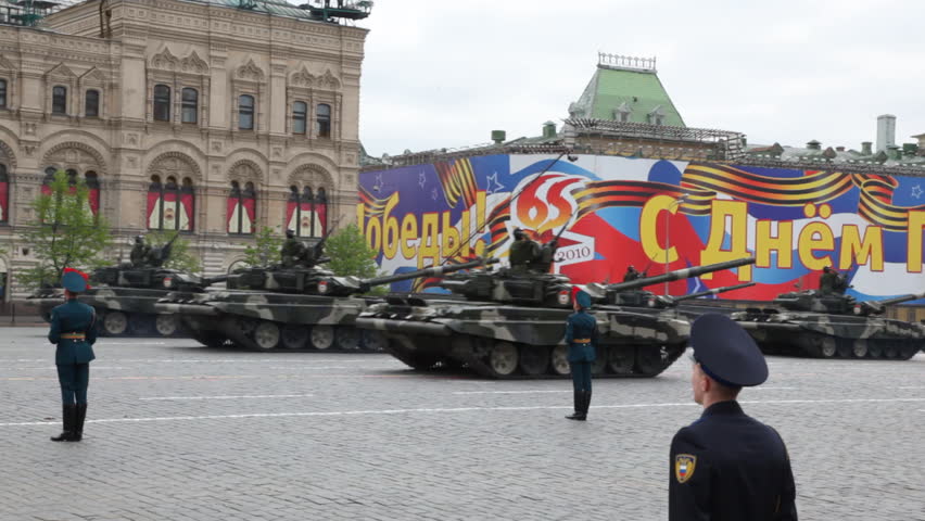 MOSCOW - MAY 6: Modern russian main battle tanks T-90 (Vladimir) go on rehearsal of parade in honor of Great Patriotic War victory on Red Square on May 6, 2010 in Moscow, Russia.