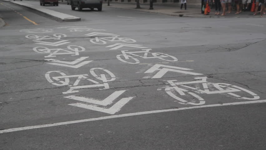 Bicycle lanes and cyclists. Montreal, Quebec.