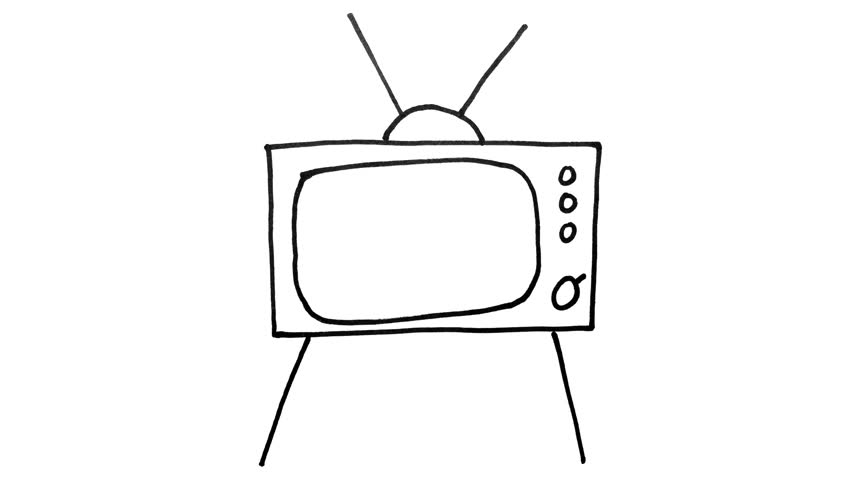Wobbly hand drawn TV switches on with large knob and settles to show a green screen