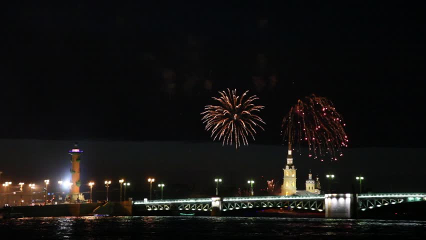 fireworks over Peter and Paul fortress at night in Petersburg