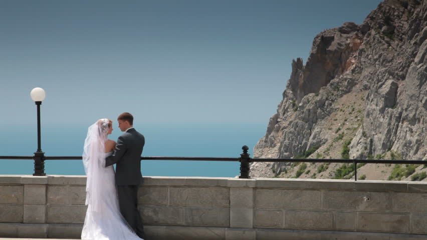 bride and groom on the terrace in Foros, Crimea, Ukraine