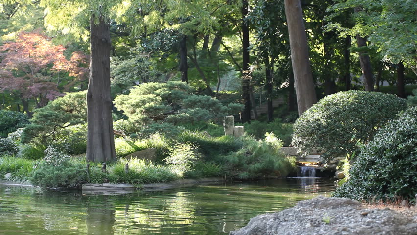 A Peaceful Garden Scene With Waterfall Running By The Rocks Bushes