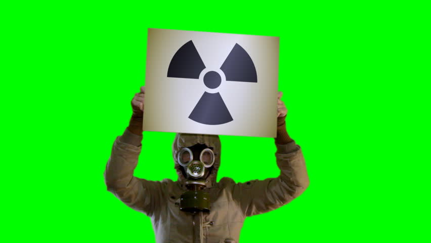 Chroma key anger persons in gas mask with board Radiation