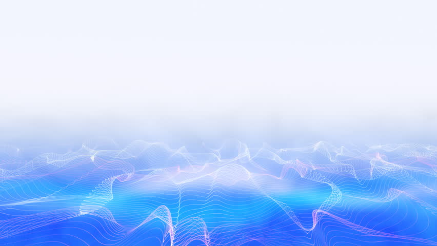 An animated seamless loop wire frame lattice of fractal noise rushing forward over a white background and cool blue lower third. 1080p HD