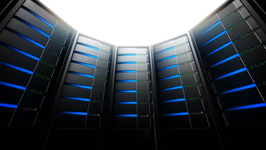 Network Servers in Circle (Loop). Network servers with blinking lights. Seamless loop panorama.