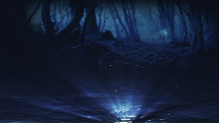 Loopable magic fountain and flying shiny things in a fantasy forest.
