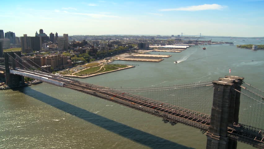 Skyline Helicopter Aerial view of the Brooklyn Bridge Downtown Manhattan New York City, North America, USA