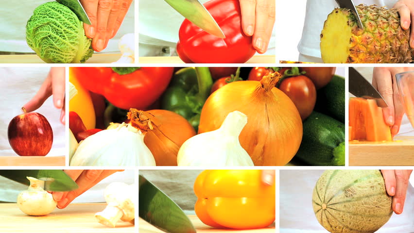 Montage collection of fresh fruit & vegetables being prepared as part of a modern healthy lifestyle eating plan