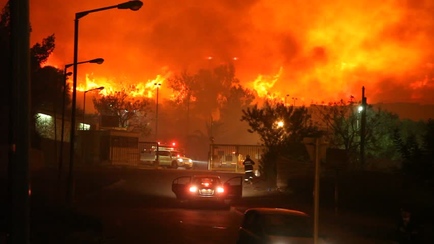TIRAH, ISRAEL - DECEMBER 2: Tirah Psychiatric Hospital burns during Mount Carmel fire, December 2, 2010, Tirah, Israel. The 2010 Mount Carmel forest fire began at 11:00 local time on December 2, 2010 and caused severe property and ecological damage. 