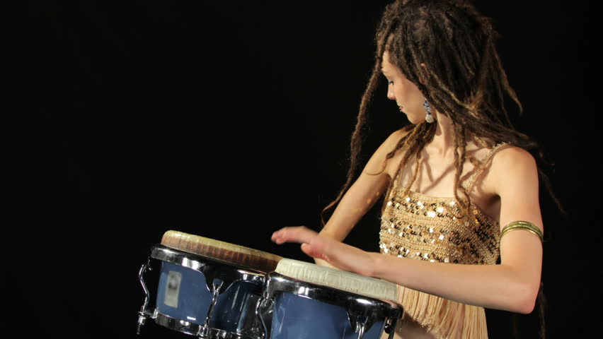 a female percussion drummer performing with bongos, captured as a sequence of still images at 6 frames per second