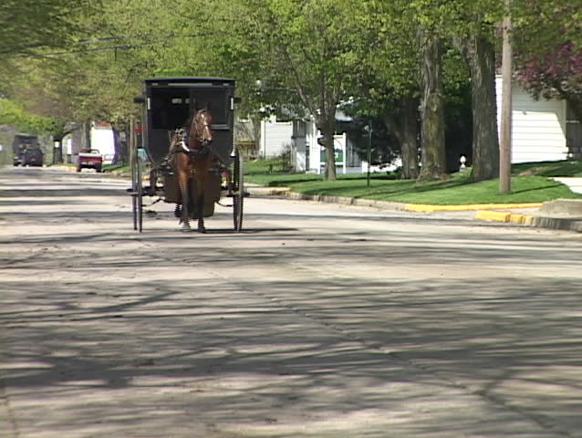 An Amish horse cart passes on a quiet street.