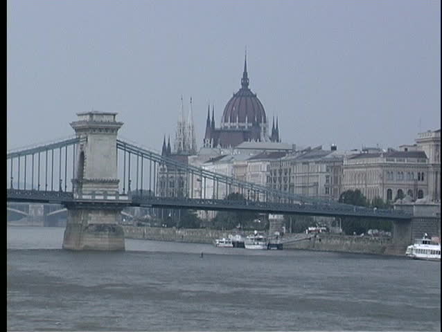 A medium shot of the Chain Bridge spanning the Danube River in Budapest, Hungary.