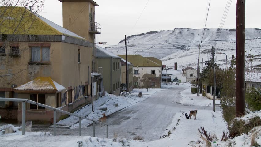 A frozen cityscape in a small town in Argentina or Chile.