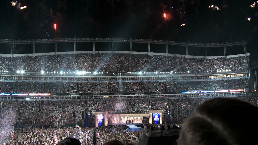 Fireworks explode over Investco Field as Senator Barack Obama accepts his party's nomination for President during the 2008 Democratic National Convention in Denver Colorado.