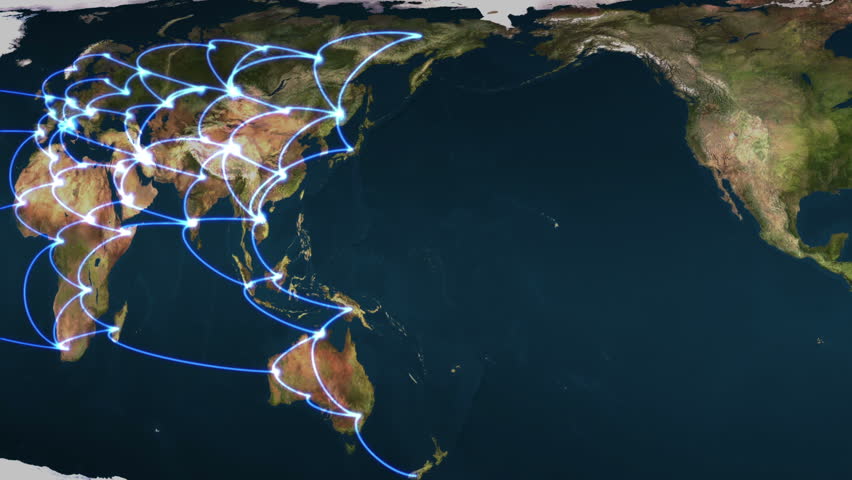 Flying over the Earth with blue connections being established