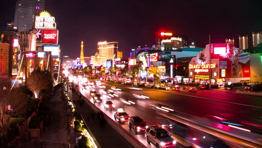 LAS VEGAS, NV - CIRCA SUMMER 2010 (Timelapse): Cars driving along Las Vegas "Strip" at night circa Summer 2010.