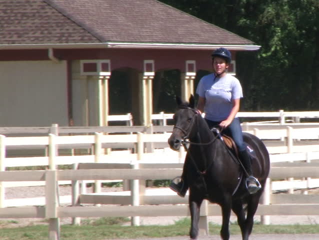 Girl Riding Horse - demonstrating trotting during equestrian lesson. 