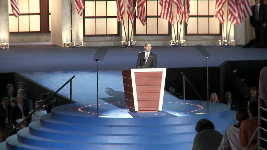 DENVER, COLORADO - CIRCA 2008: Presidential Nominee Barack Obama addresses a packed Invesco Field about the scare tactics of the Republicans at the end of the 2008 Democratic National Convention.