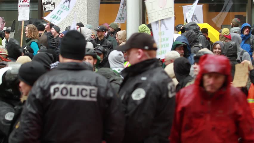 PORTLAND, OREGON - NOVEMBER 17: Protesters and law enforcement at Occupy Portland N17 "Occupy the Banks" rally November 17, 2011 in Portland, Oregon. 