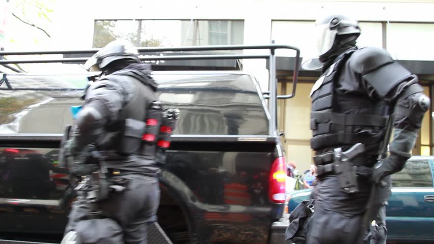 PORTLAND, OREGON - NOVEMBER 17: Law enforcement at Occupy Portland N17 "Occupy the Banks" rally November 17, 2011 in Portland, Oregon. 