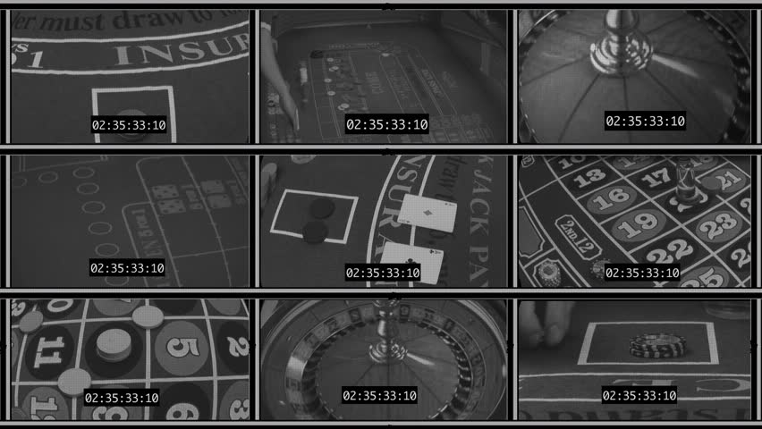 Simulated Casino Security Monitors. Nine casino action shots greyscaled and timecoded to simulate a monitor board inside a casino security room.