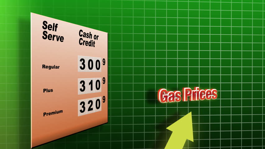 Gas Prices Rising Graph. CGI of gas station price board along with arrow and text graphic showing the rise in gas prices.
