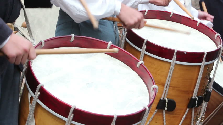 Close up of drums being played along with fife in a US Civil War reenactment