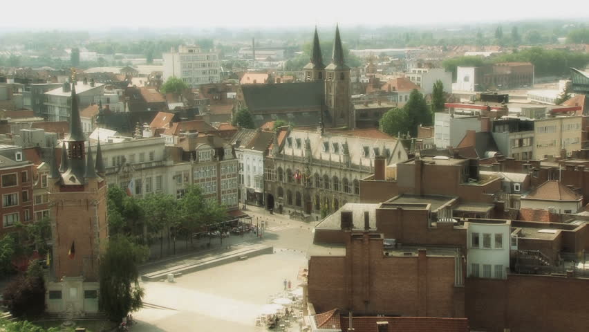 Medieval city view in Belgium time-laps, color correction
