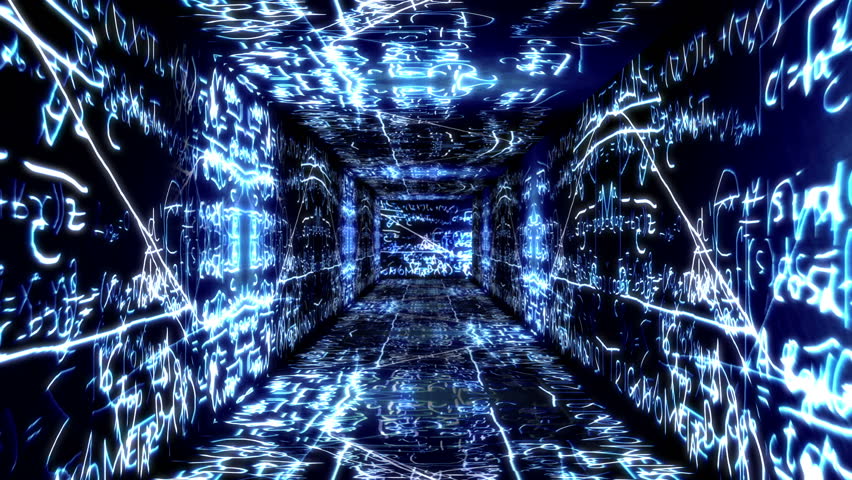 Tunnel design with Mathematical , Physical science formulas flying around on the walls, floor and ceiling of the scene.