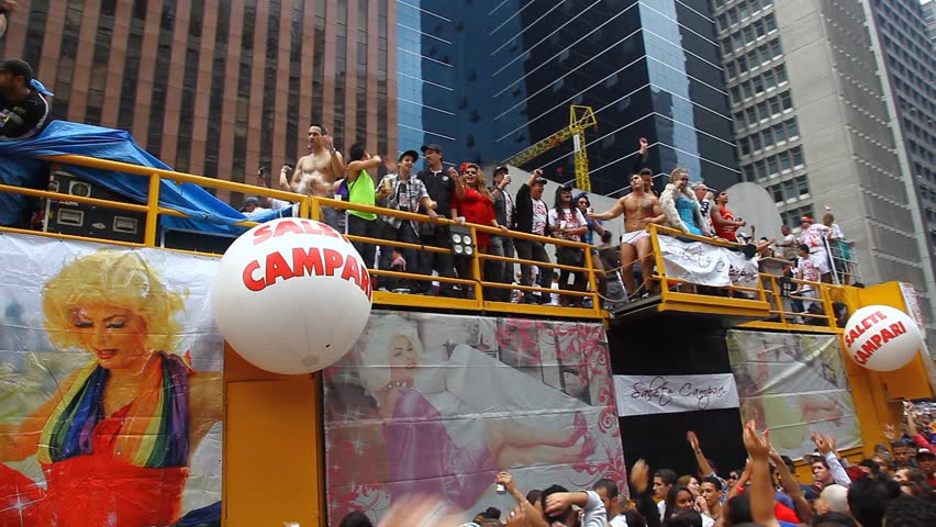 SAN PAULO, BRAZIL - CIRCA JUNE 2011: Crowds celebrate the LGBT Gay Pride Parade on Avenida Paulista circa June 2011 in San Paulo.