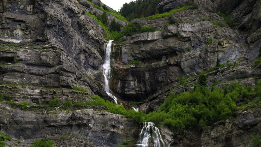 Tilt shot showing the full height of Bridal Veil Falls in Provo Canyon, Utah.