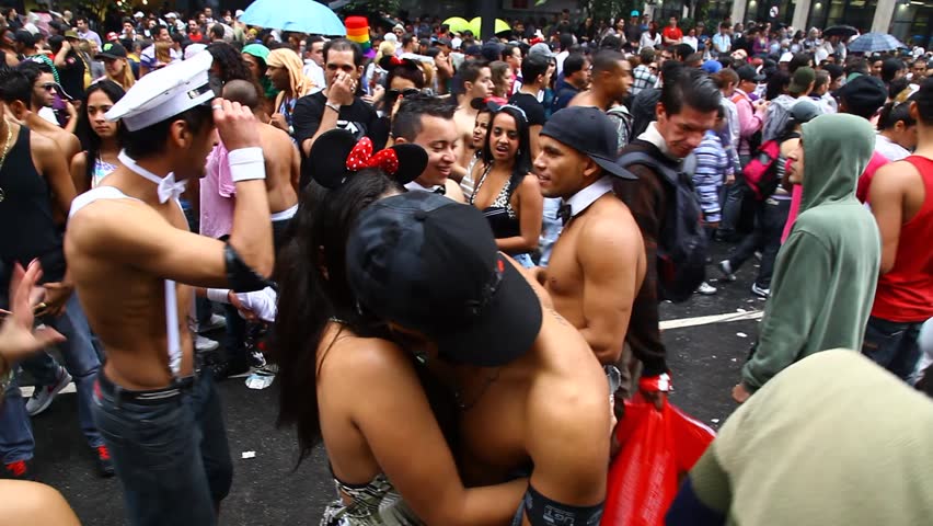 SAN PAULO, BRAZIL - CIRCA JUNE 2011: Crowds celebrate the LGBT Gay Pride Parade on Avenida Paulista circa June 2011 in San Paulo.