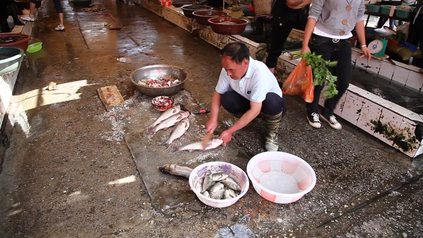 LIJIANG, CHINA - AUG 7, 2009: Man scrubs salt off a fish at a market on August 7, 2009 in Lijiang.