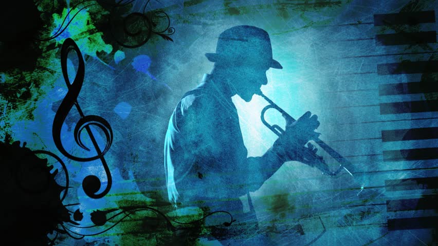 Animated scene with a blue grunge feel and music theme. Various music symbols animate in and out of frame with an almost silhouette of a man playing a horn instrument in the center.