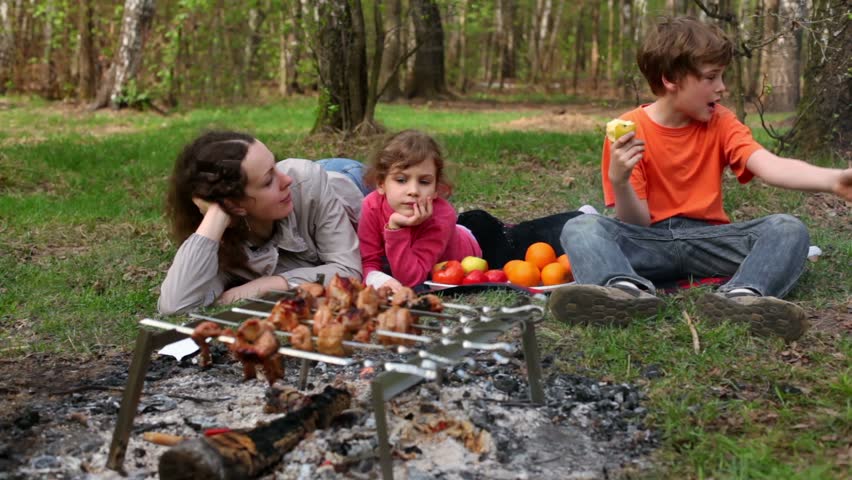 Mom, son and daughter lay on grass covered by plaid, boy eats apple, plates with fruit are near them, kebab on bonfire at foreground, summer sunny day at grove