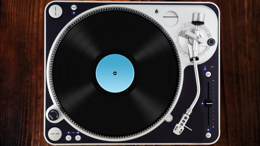 Turntable starting to play, the record is spinning, then figures appear, chasing each other  