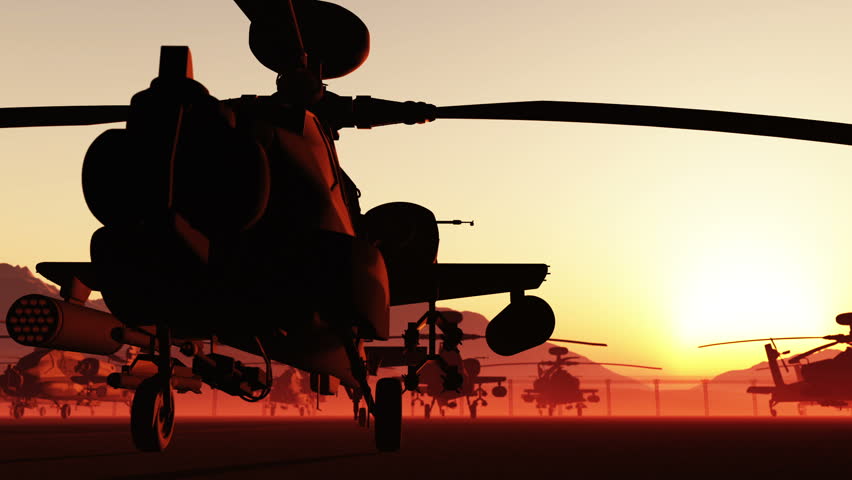 Apache AH-64D attacking helicopters base in the sunset sunrise Realistic 3D render dolly motion