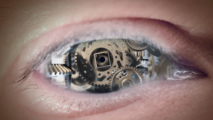 Close up to eyeball with clockwork mechanism instead iris. Loop.