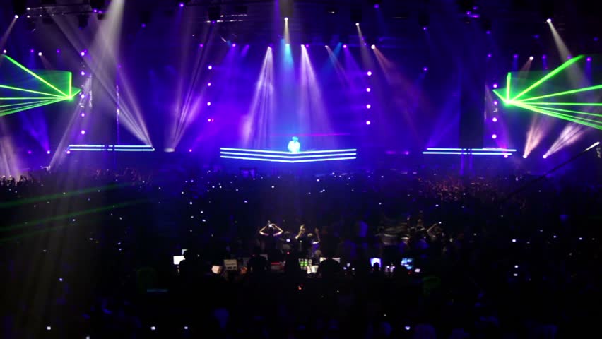 Green lasers lattice above crowd,  on May 6, 2011 in Moscow, Russia.