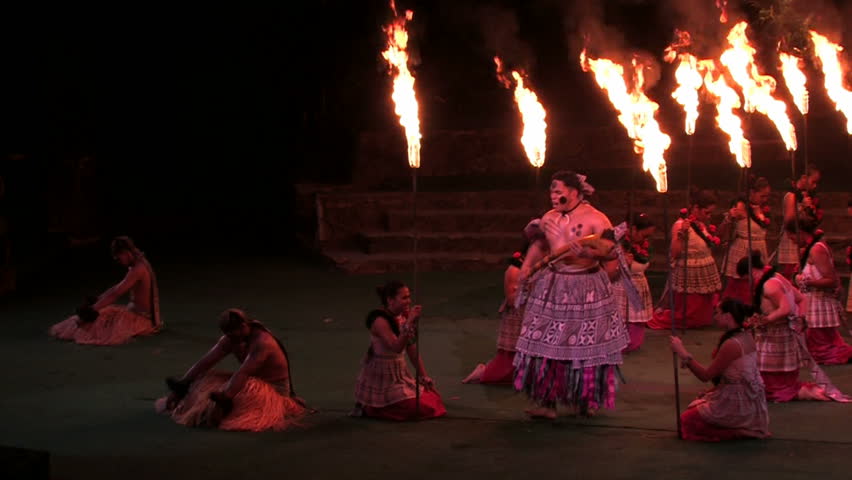 LAIE, OAHU, HAWAII CIRCA FEB 2008: BYU students perform night dance with fire torches at Polynesian Cultural Center earn money for tuition education. Hawaii's biggest tourist attraction Laie Hawaii