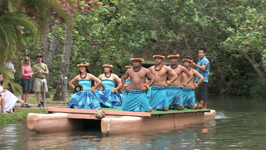LAIE, OAHU HAWAII CIRCA Feb 2008: BYU college students perform native cultural dances on canoes to earn money for tuition in Laie Hawaii. Number one paid tourist attraction in Hawaii.