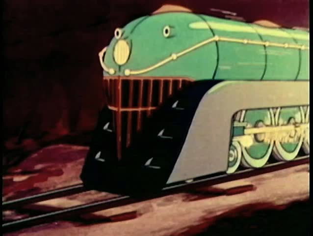 Cartoon of green train blowing warning