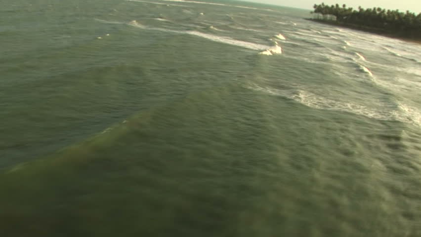 HD: Helicopter view flying over ocean and trees